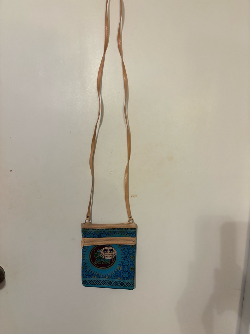 Blue Patterned Crossbody Bag with Beige Strap